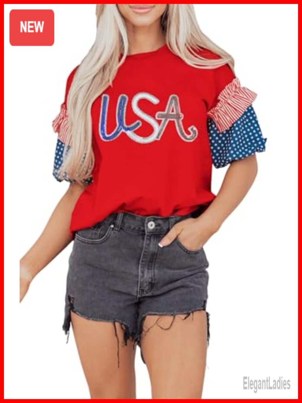 4th of July Stars Stripes Puff Sleeve T-Shirt Patriotic Casual